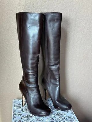 VIA SPIGA Italian Brown Leather Knee High 4  Heel Boots Round Toe 6M Stiletto • $59.99