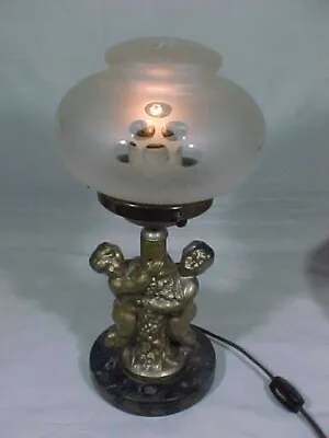 Vintage Marble Base & Brass Color Cherubs Table Lamp Glass Shade • $9.99