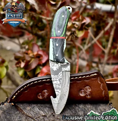 CSFIF Custom Skinner Knife W/Gut Hook Twist Damascus Hard Wood Survival • $4.42