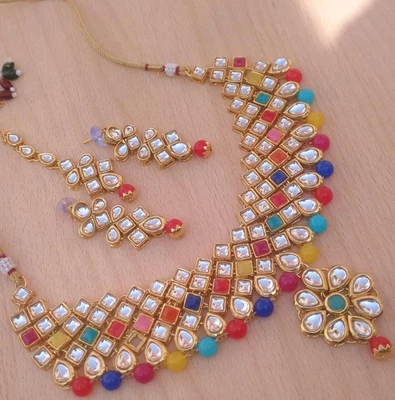 $28.63 • Buy Indian Bollywood Bridal Gold Plated Kundan Choker Earrings Tikka Jewelry Set