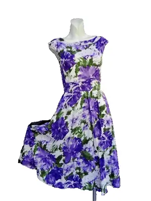 Dress LA FLORAL LAURA AHLEY WHITE PURPLE FULL SKIRT 50s Style 8 Cotton Wedding • £19.01