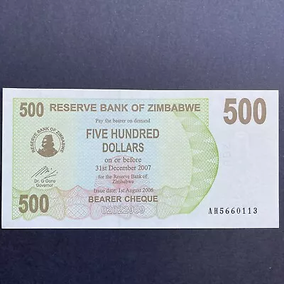 2006 Unc 500 Dollar Reserve Bank Of Zimbabwe Currency Bearer Cheque • $4.99