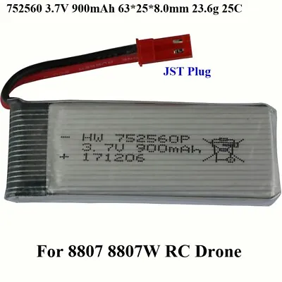 $17.59 • Buy New 752560 900mAh 3.7V JST Plug 25C Battery For 8807 8807W RC Drone Toys
