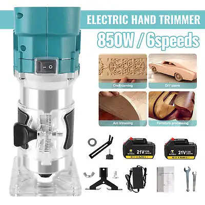 21V Cordless Router Electric Hand Trimmer Wood Palm Laminator 2 Battery+6 Speeds • £49.99