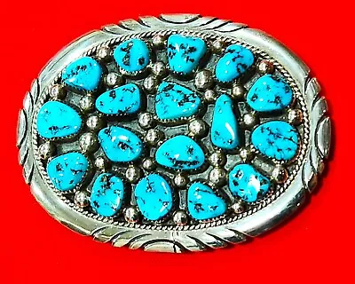 Outstanding Signed Navajo Tommy Moore Sterling And Turquoise Belt Buckle • $525