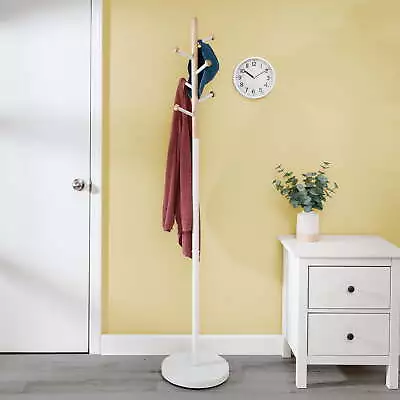 Freestanding Steel Coat Rack With 6 Wood Hooks White/Natural • $32.71