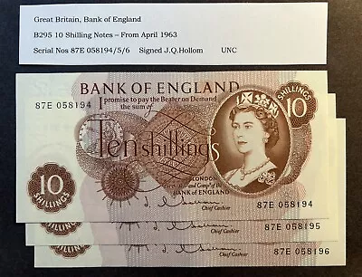 3 Consecutive 10/- SHILLING BANK NOTES - B295 - “J.Q. Hollom”.  UNC • £7.76