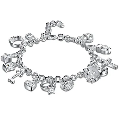 925 Sterling Silver Charm Bracelet Crystal Charms Chain Link 8  UK Seller • £4.85