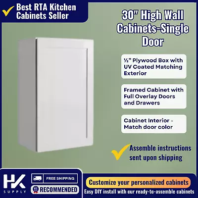 White Shaker Wall CabinetSingle Door 30″ High Adjustable Shelves RTA (SW-W1830) • $204.50