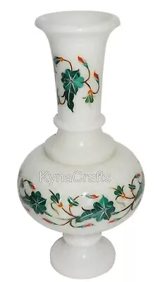 7 Inches Balcony Decor Vase Inlaid With Malachite Stone White Marble Flower Pot • $184.50