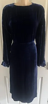 £10 • Buy BRORA Midnight Blue Silk Mix Crushed Velvet Dress UK 14