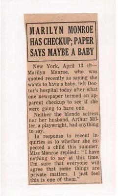 1950’s Marilyn Monroe Has Checkup Doctor Baby Rumors  Newspaper Article 5x2  • $7.99