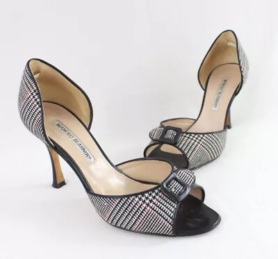 Manolo Blahnik Auth Black Cream Multi Plaid Pump Shoe Heel 38 8 • $199