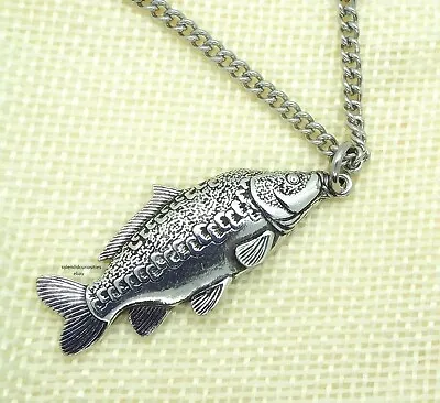 Mirror Carp Fish Pendant With Chain Necklace In Grey Burlap Gift Pouch • £6.90