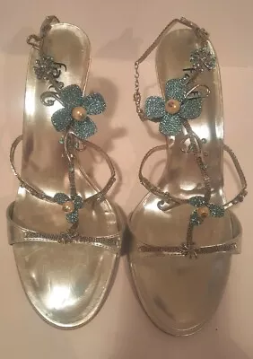 Faith Size 6 Silver Leather Gem Embellished High Heel Sandals BNIB  • £15