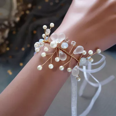 Prom Flower Prom Bridesmaid Flower Bracelet Crystal Beads Wrist Corsage • £7.68