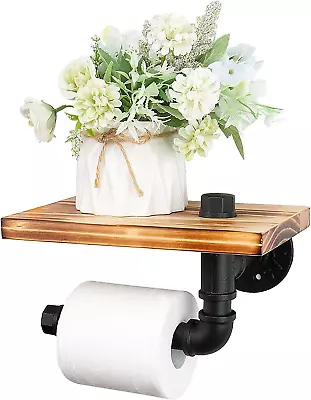 Industrial Toilet Paper Holder With Rustic Wooden Shelf Wall Mounted Cast Iron  • $33.99