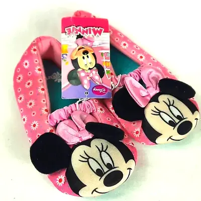 Disney Junior Minnie Mouse Little Girls Slippers Size L 9-10 Pink Black Flowers • $14.99