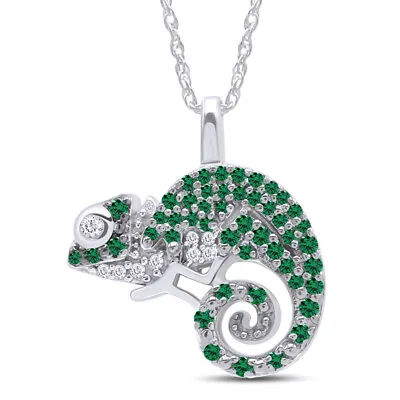 Chameleon Pendant Necklace Green & White Diamond 14K White Gold Plated 1/3 Ct • $302.20