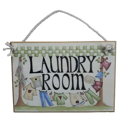 Country Printed Quality Wooden Sign CHECKS LAUNDRY ROOM Plaque New • £9.30