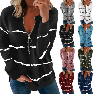 $5.49 • Buy Womens V Neck Zipper Tops T-Shirt Ladies Long Sleeve Casual Loose Blouse Tee US