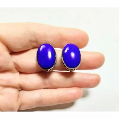 Vintage Sterling Silver Blue Lapis Lazuli Cabachon Step Design Clip-On Earrings • $34.90