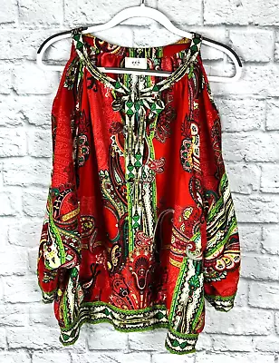 Eci New York Red Green Yellow Paisley Print Cold Shoulder Size XL Boho • $11.99