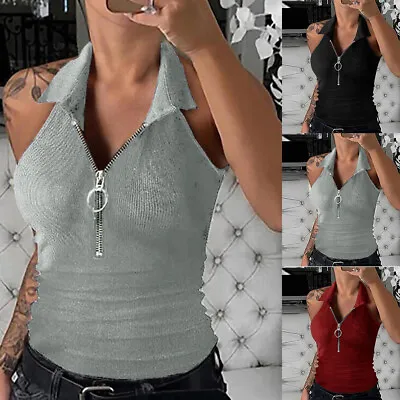£11.59 • Buy Women Zipper V Neck Vest Tops Halter Collar Sleeveless Slim Fit T-Shirt Blouse
