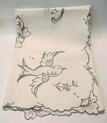 Vintage Embroidered Tablecloth Ecru Square 32 X32  Cut Outs Birds Floral Scallop • $27