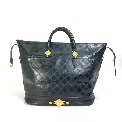 VERSACE Big Vintage Sunburst Quilted Hand Bag Duffle Bag Leather Black/Gold • $280