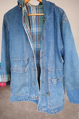 Current Seen Long Denim Jean Jacket Coat Blue Hooded Flannel Pockets Mens XL • $45.95