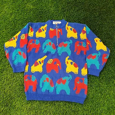 Vintage 80s Colorful All-Over Elephant Sweater Henley Zip Women L 20x26 Blue Red • $38.80