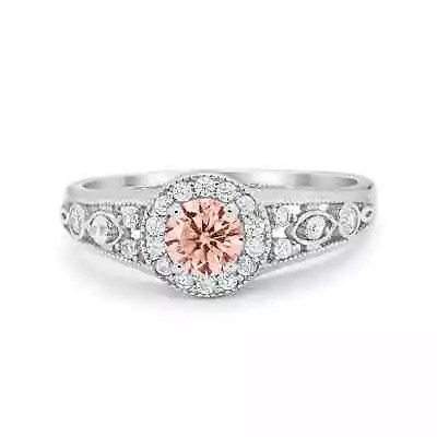 Vintage Style Engagement Ring Halo Morganite Cubic Zirconia 925 Sterling Silver • $19.79