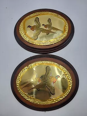 Vintage Pheasant Birds Brass & Wood Wall Art Plaque MCM Decorations Pair Hunting • $26.99