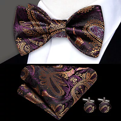  Mens Black  Gold Silk Bow Tie Set Prom Paisley Wedding Cuffls Hanky Office • £8.99