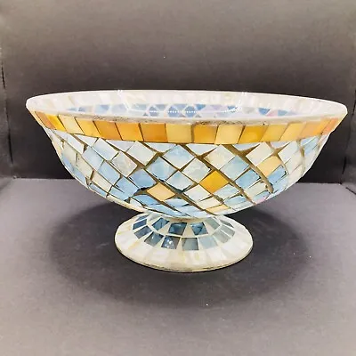 Blue And Gold Glass Tile Mosaic Pedestal Decorative Bowl 9”Diam. 4.5” Ht. • $30