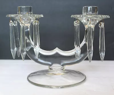 Elegant Art Deco Glass 2-Light Candelabra Candle Holder W/12 Crystal Prisms • $32.50