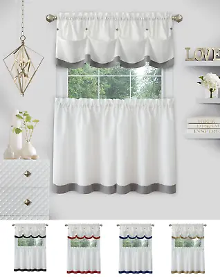 $16.99 • Buy Country Farmhouse 3 Pc Solid Cafe Kitchen Curtain Tier & Tucked Valance Set