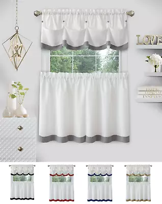 $16.99 • Buy Country Farmhouse 3 Pc Solid Cafe Kitchen Curtain Tier & Tucked Valance Set