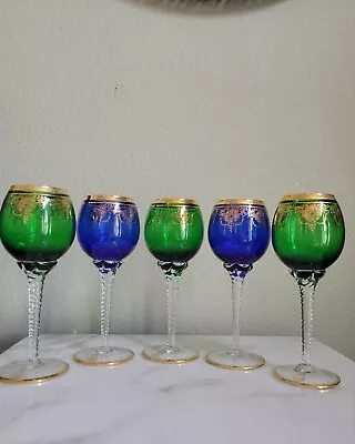 Vtg Set 5 Wine Glasses Goblets Blue Green Gold Vecchia Murano Crystal Glass • $150