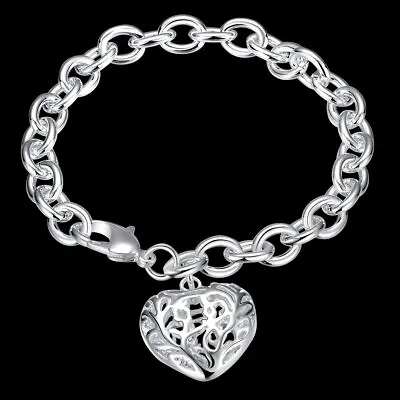 925 Sterling Silver Charm Heart Dangle Bracelet Bangle Womens Fashion Jewelry • $6.91