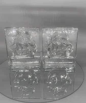 Vintage New Martinsville Viking Clear Glass Clipper Sailing Ship Bookends 1938 • $20