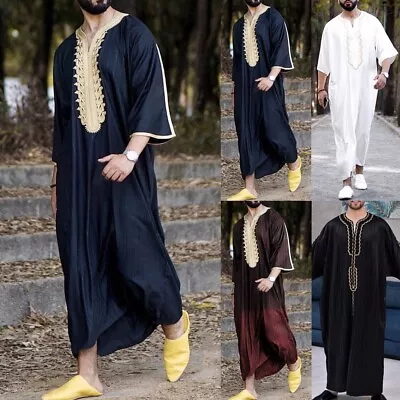 Mens Robe Muslim Clothing Saudi Arab Jubba KaftanDishdashThobeLong-Sleeve • $23.01