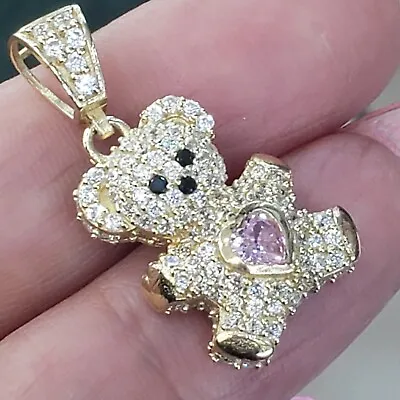 3D 14k Gold Teddy Bear Pendant Pink Heart Cz • $304.85