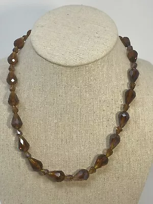 Glass Amber Color Necklace Briolette Faceted Bead By Teng Hue Sparkly Vtg • $13.99