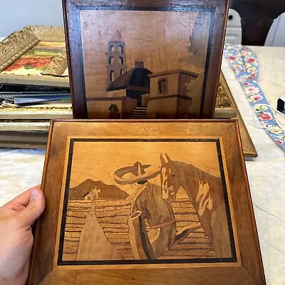 Vintage Wood Marquetry Inlay Set Of 2 Pictures Wall Art Mexican Cowboy & Horse • $70