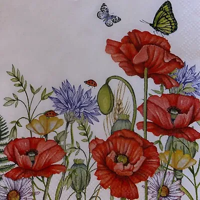5 X Cocktail Napkins/Decoupage/Craft/Dining/ Poppies Cornflower Butterfly BC61 • £1.40