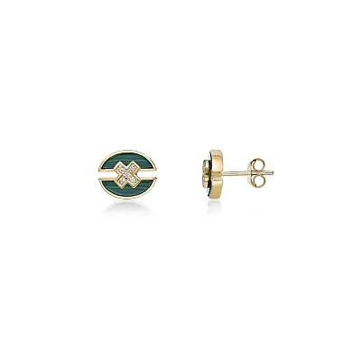 Malachite And Sapphire Oval Earrings In Yellow Gold Plated Silver - Push Backs • $59.99