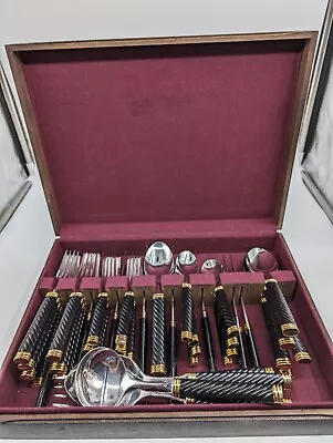 Mikasa BRAID ONYX Stainless Laslo Gold Accent Japan Smart Choice Flatware 44 • $110