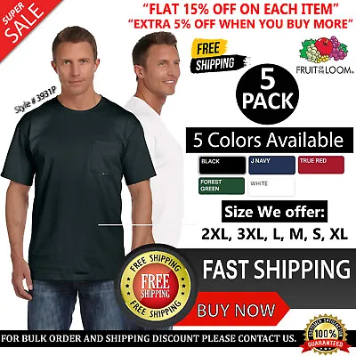 5 PACK OF Fruit Of The Loom Adult 5 Oz. HD Cotton  Pocket T-Shirt - 3931P • $49.67